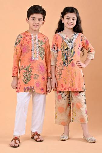 Peach orange printed cotton kurta set & kurta pant brother sister matching combo
