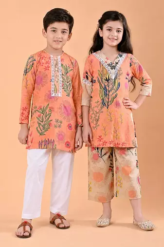 Peach orange printed cotton kurta set & kurta pant brother sister matching combo