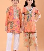 Peach orange printed cotton kurta set & kurta pant brother sister matching combo