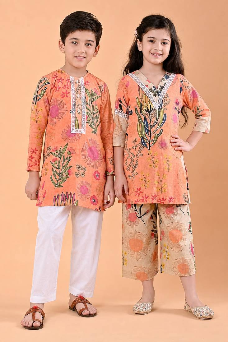 Peach orange printed cotton kurta set & kurta pant brother sister matching combo