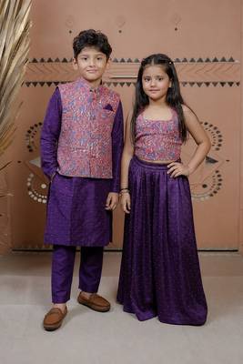 Purple printed modal sharara set & kurta jacket brother sister matching combo 1