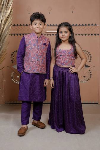 Purple printed modal sharara set & kurta jacket brother sister matching combo