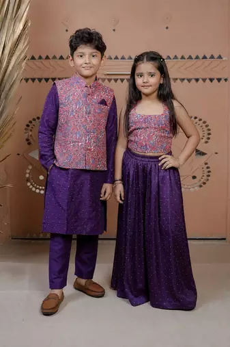 Purple printed modal sharara set & kurta jacket brother sister matching combo