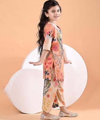 Peach orange printed cotton kurta set & kurta pant brother sister matching combo 2