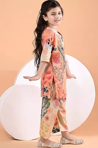 Peach orange printed cotton kurta set & kurta pant brother sister matching combo