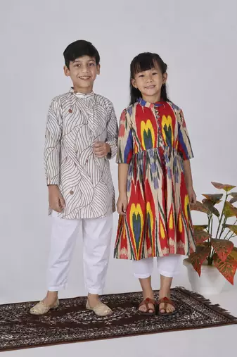Multicolor & brown printed cotton kurta set & kurta pant brother sister matching combo