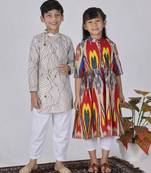 Multicolor & brown printed cotton kurta set & kurta pant brother sister matching combo