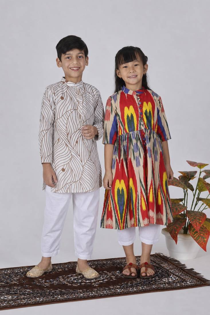 Multicolor & brown printed cotton kurta set & kurta pant brother sister matching combo