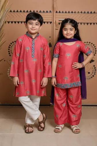 Pink block printed dola silk & cotton silk kurta set & kurta pant brother sister matching combo