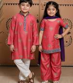 Pink block printed dola silk & cotton silk kurta set & kurta pant brother sister matching combo