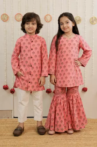 Peach pink printed cotton gharara set & kurta pyjama brother sister matching combo