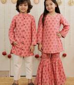 Peach pink printed cotton gharara set & kurta pyjama brother sister matching combo