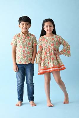 Multicolor woven cotton dress & shirt brother sister matching combo 1
