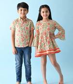 Multicolor woven cotton dress & shirt brother sister matching combo