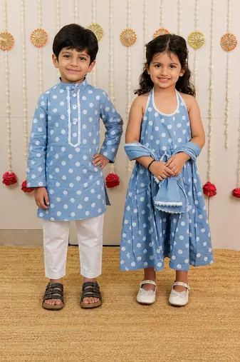 Powder blue printed cotton dress & kurta pyjama brother sister matching combo