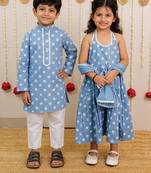 Powder blue printed cotton dress & kurta pyjama brother sister matching combo