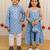 Powder blue printed cotton dress & kurta pyjama brother sister matching combo