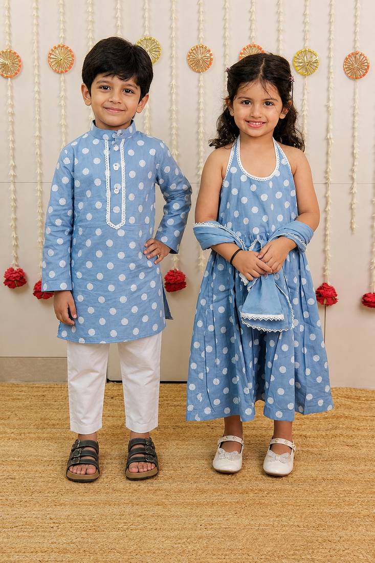 Powder blue printed cotton dress & kurta pyjama brother sister matching combo