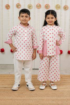 Off white printed cotton co-ord set & kurta pyjama brother sister matching combo 1