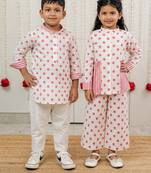 Off white printed cotton co-ord set & kurta pyjama brother sister matching combo
