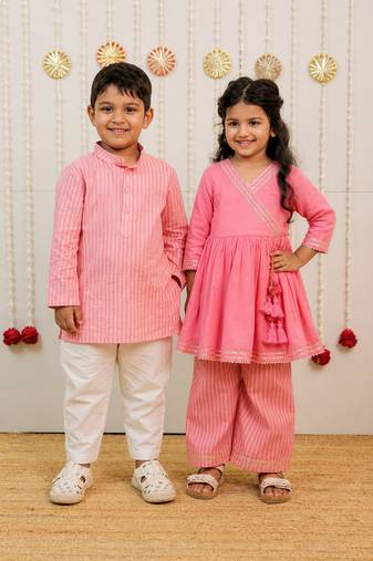Pink & peach embroidered & printed georgette kurta set & kurta pyjama brother sister matching combo