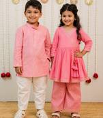 Pink & peach embroidered & printed georgette kurta set & kurta pyjama brother sister matching combo