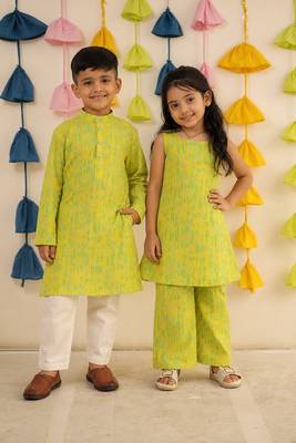 Lemon yellow block printed cotton kurta set & kurta pyjama brother sister matching combo 1