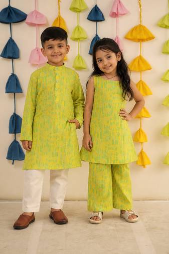 Lemon yellow block printed cotton kurta set & kurta pyjama brother sister matching combo