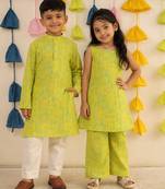 Lemon yellow block printed cotton kurta set & kurta pyjama brother sister matching combo
