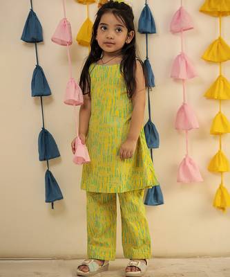 Lemon yellow block printed cotton kurta set & kurta pyjama brother sister matching combo 2