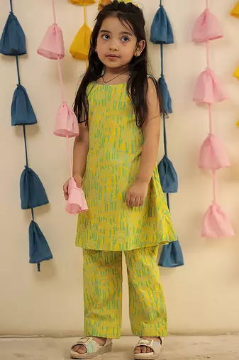 Lemon yellow block printed cotton kurta set & kurta pyjama brother sister matching combo