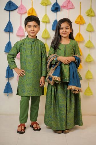 Green block printed chanderi sharara set & kurta pant brother sister matching combo
