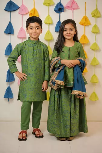 Green block printed chanderi sharara set & kurta pant brother sister matching combo