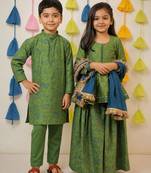 Green block printed chanderi sharara set & kurta pant brother sister matching combo
