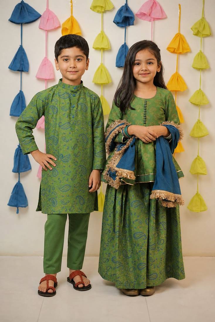 Green block printed chanderi sharara set & kurta pant brother sister matching combo