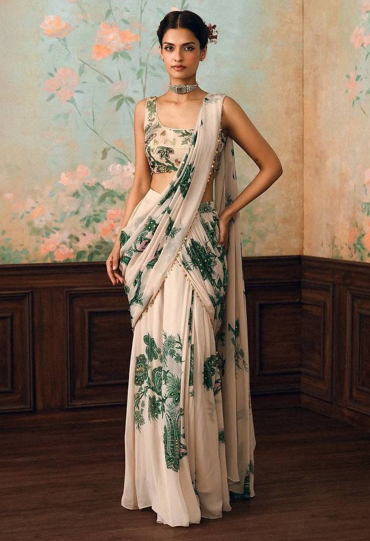 Georgette Printed beads work saree with Blouse