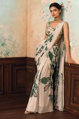 Georgette Printed beads work saree with Blouse