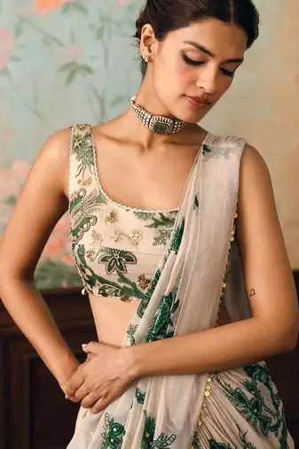 Georgette Printed beads work saree with Blouse