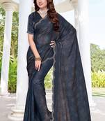 designer navy blue handwork zarkan border silk blend saree