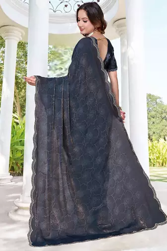 designer navy blue handwork zarkan border silk blend saree