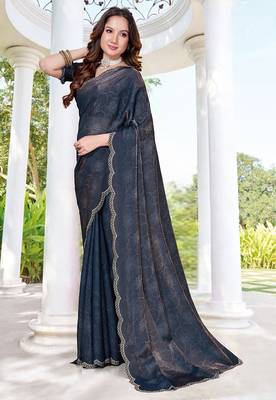designer navy blue handwork zarkan border silk blend saree 3