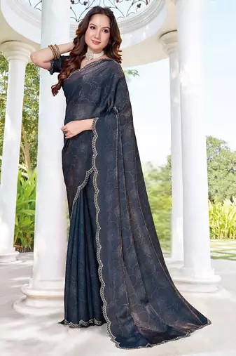 designer navy blue handwork zarkan border silk blend saree