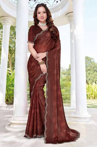 designer brown handwork zarkan border silk blend saree