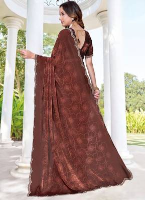 designer brown handwork zarkan border silk blend saree 2