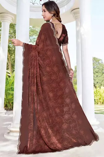 designer brown handwork zarkan border silk blend saree