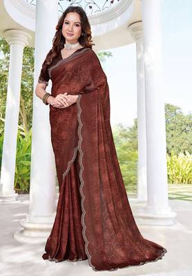 designer brown handwork zarkan border silk blend saree 3