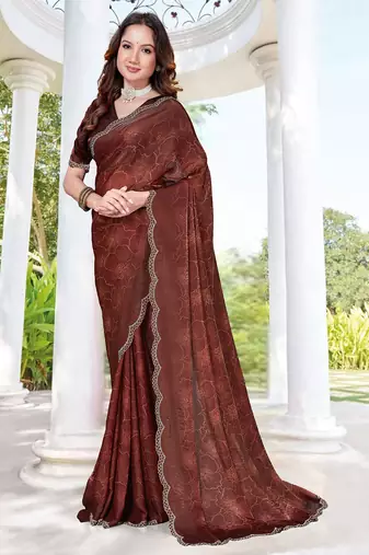 designer brown handwork zarkan border silk blend saree