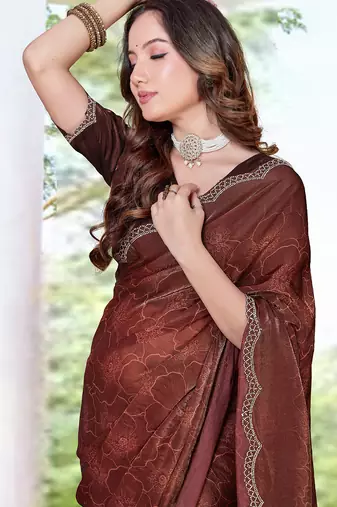 designer brown handwork zarkan border silk blend saree