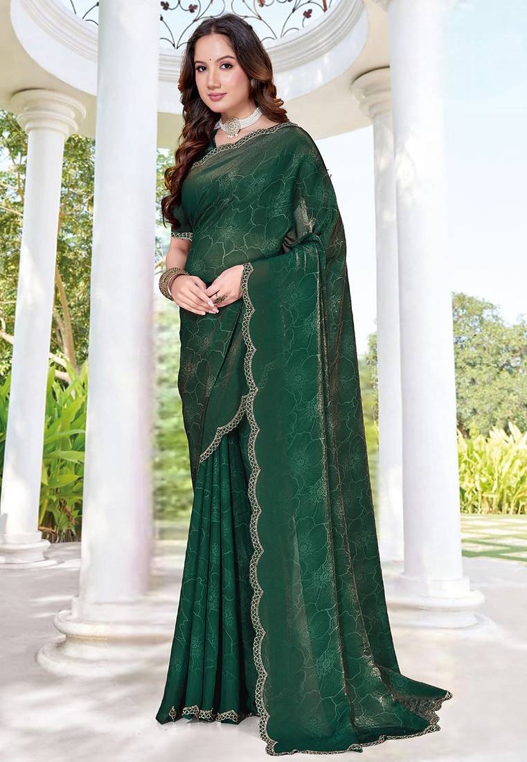 designer rama green handwork zarkan border silk blend saree