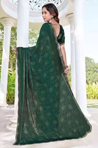 designer rama green handwork zarkan border silk blend saree
